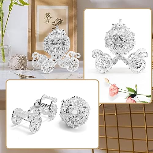 Vista 7 de MDEOOSKY Joyero de carro de calabaza de diamante plateado, carruaje de calabaza de Cenicienta, caja decorativa con bisagras, caja de joyería