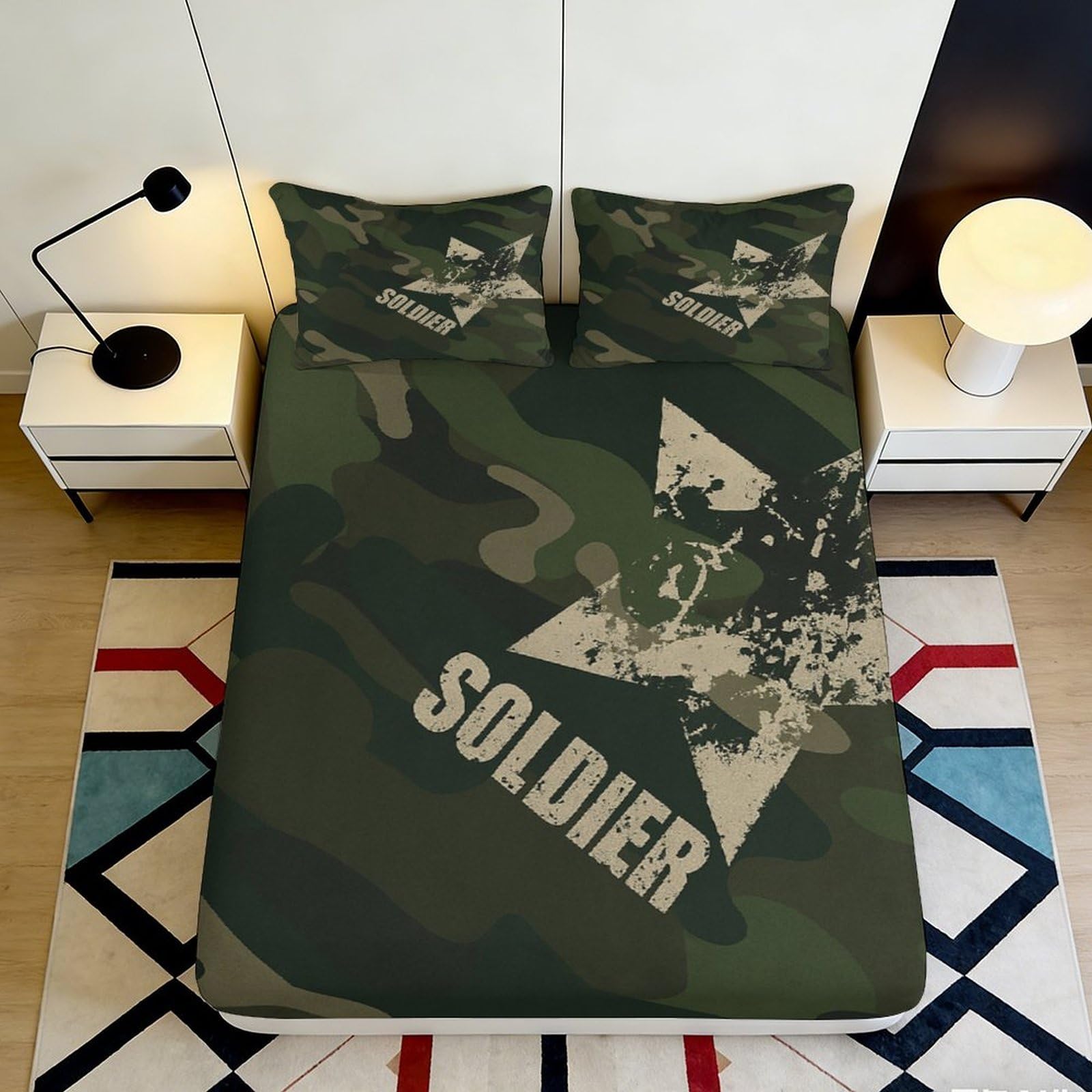 3D Printed Camouflage Soldier Fitted Sheet Microfiber Soft Breathable Army Star Bed Cover for Bedroom Dorm Decor 90x200x25cm