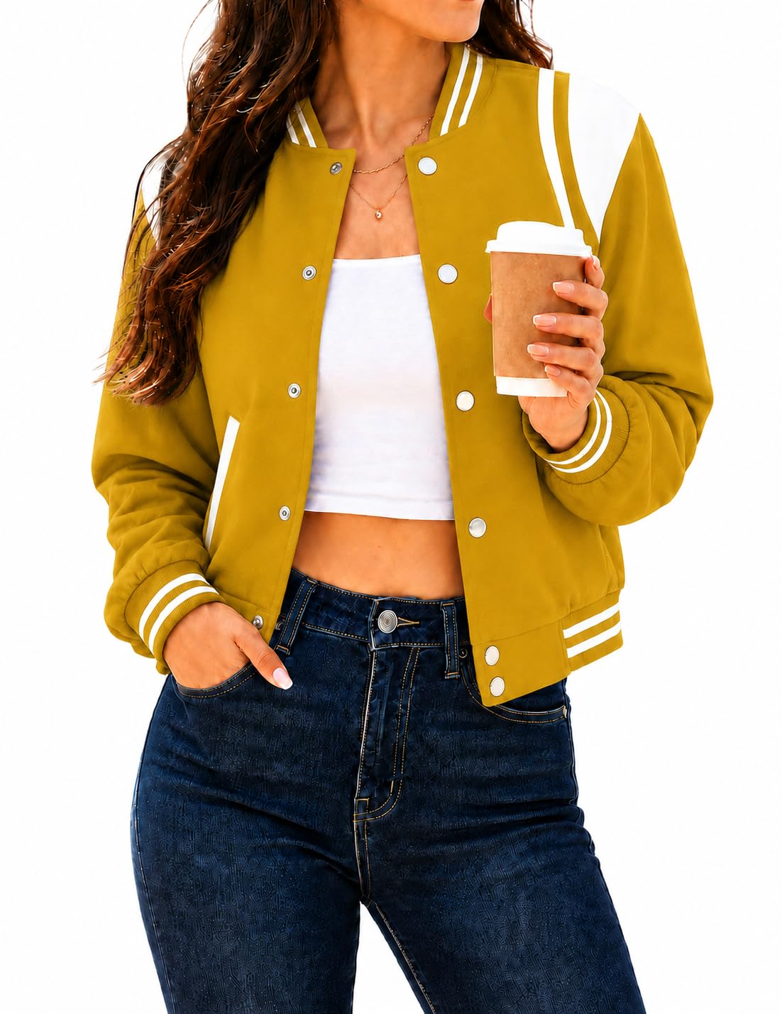 Women's Varsity Bomber Jacket Short Button Down with Pockets