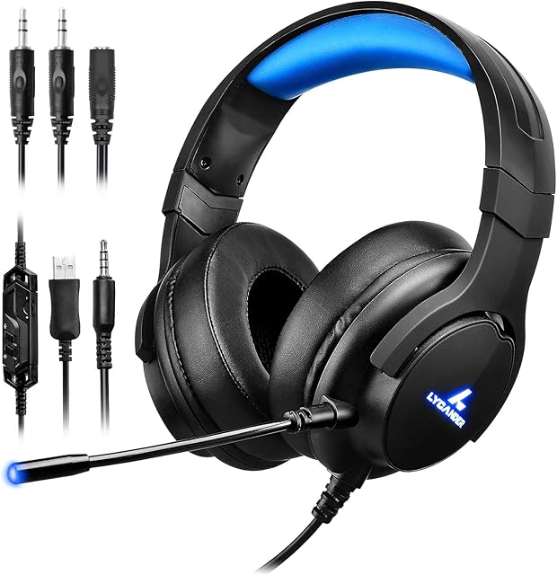 LYCANDER Gaming Headset with Microphone LED Light, 3.5mm input - for PC, PS4, Xbox One, Nintendo Switch and more (Intermediate - Black/Blue)