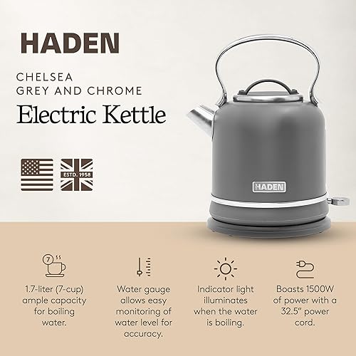 Miniatura 2 de Haden Chelsea - Hervidor de agua eléctrico de 1,7 litros con base de 360 grados, gris y cromado