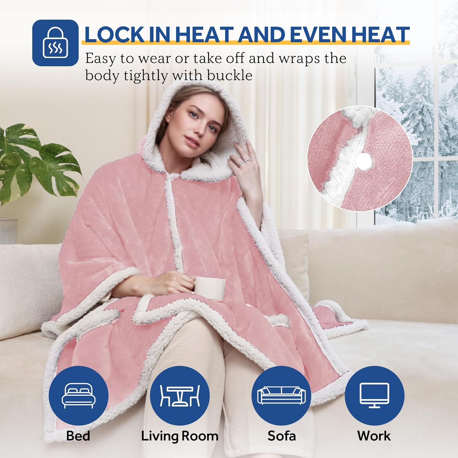 Sealy Heated Throw Wearable Shawl Wrap with Pockets, Reversible Flannel to Sherpa Electric Blanket Hoodie Poncho with 6 Heating Levels & 2-10 Hours Time Settings, 50 X 60 Inch, Pink - Image 3