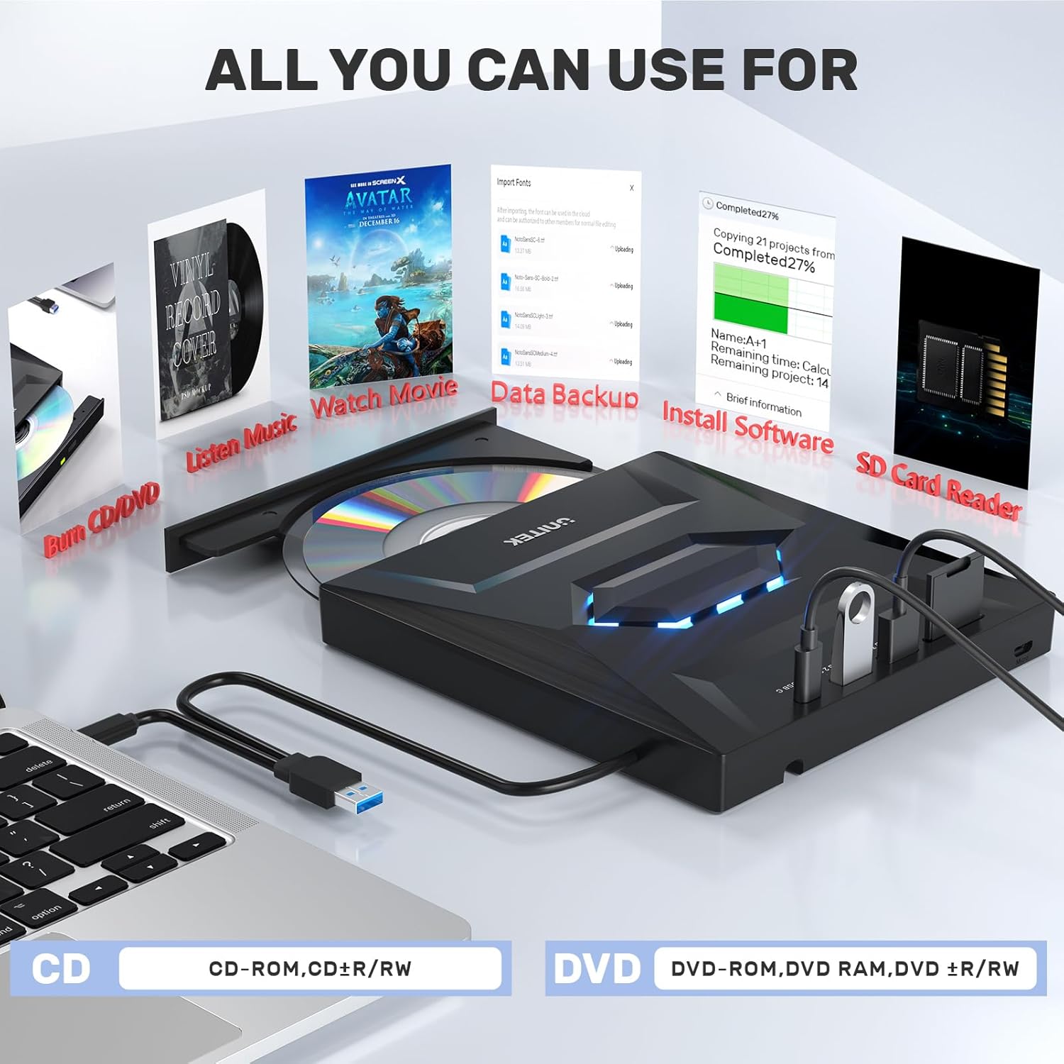Unitek External CD DVD Drive, USB 3.0 Type-C Portable CD/DVD +/-RW Drive/DVD Player with SD Card Reader USB 3.0 USB C Hub CD ROM Burner Compatible for Laptop Desktop PC Mac Windows 11/10/8/7 Linux 4 71ca40sjT6L. AC SL1500