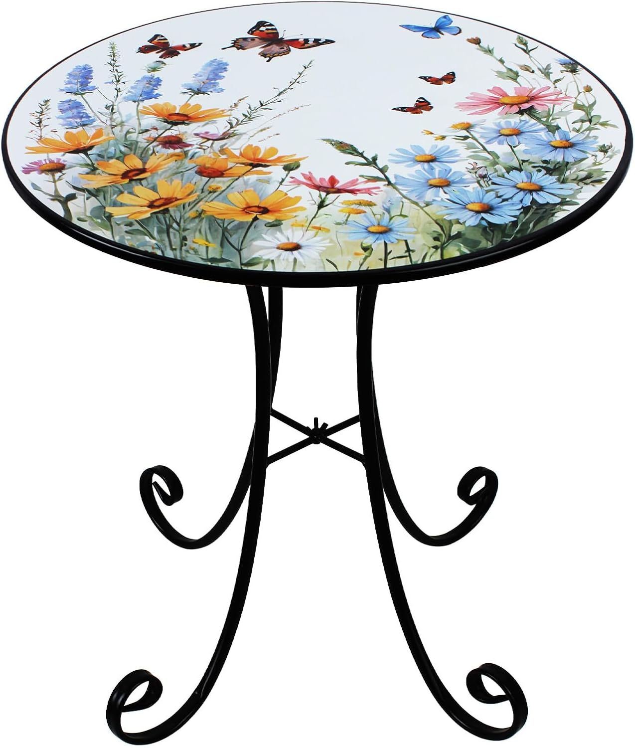 VEWOGARDEN Outdoor Side Table, 18" Weather Resistant Metal End Table with Butterfly and Flower Design for Patio Porch Garden Balcony Yard
