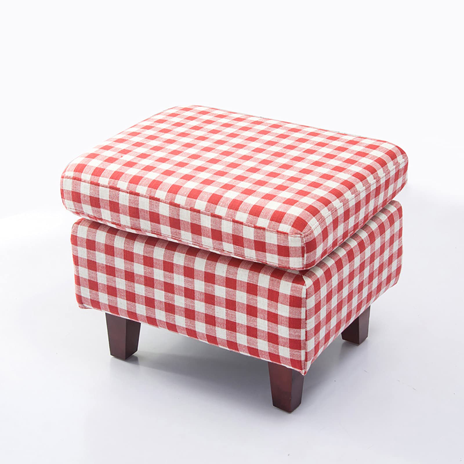 Taburete de madera maciza con reposapiés y asiento tapizado de lino gris para dormitorio