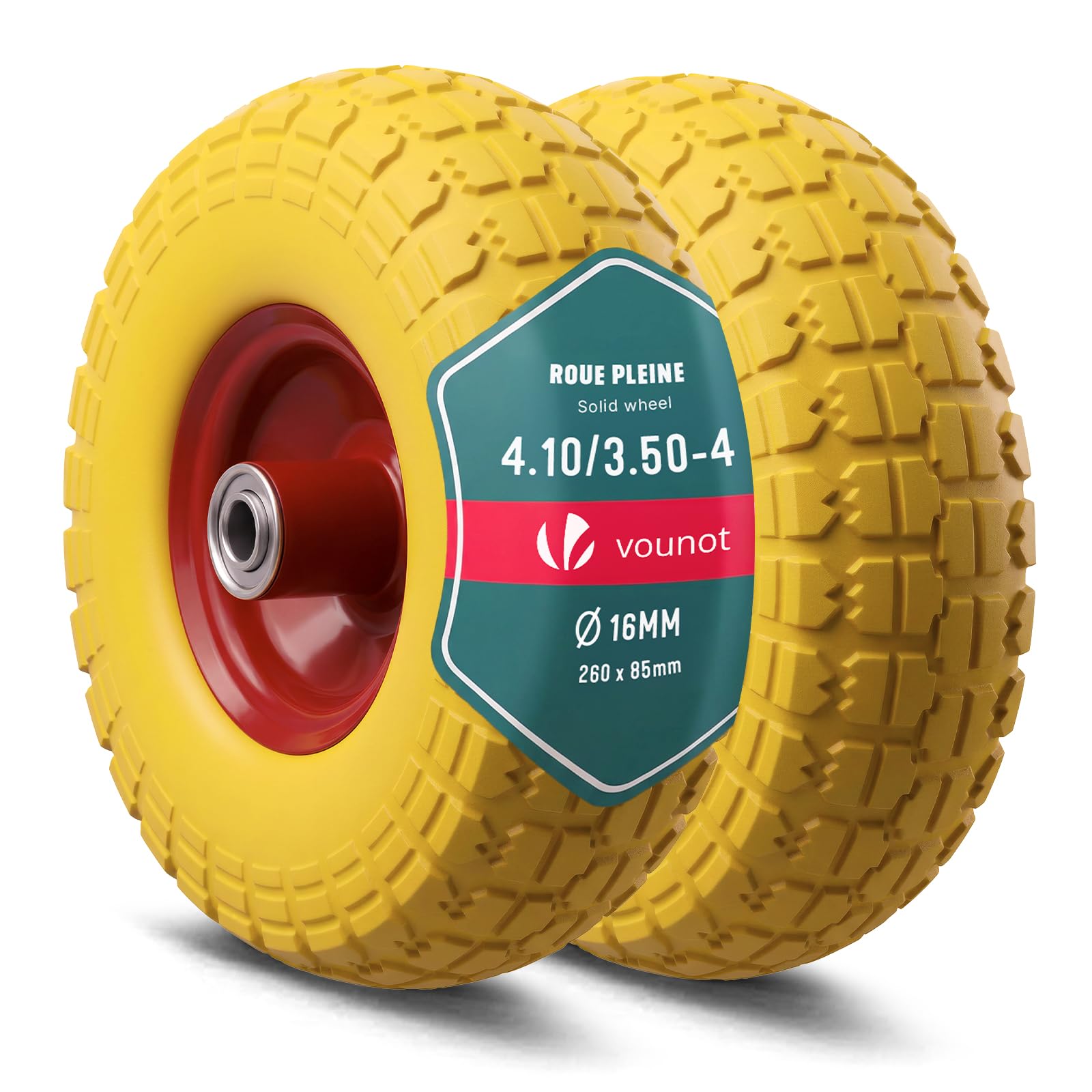VOUNOT® 2 Ruedas Carretilla Rueda Goma Maciza PU Antipinchazos 4.10/3.50-4" Repuesto Neumático Eje 16mm 260x85mm con Rodamientos de Bolas para Carretillas Obra Carros Jardinería Remolque Amarillo-Rojo
