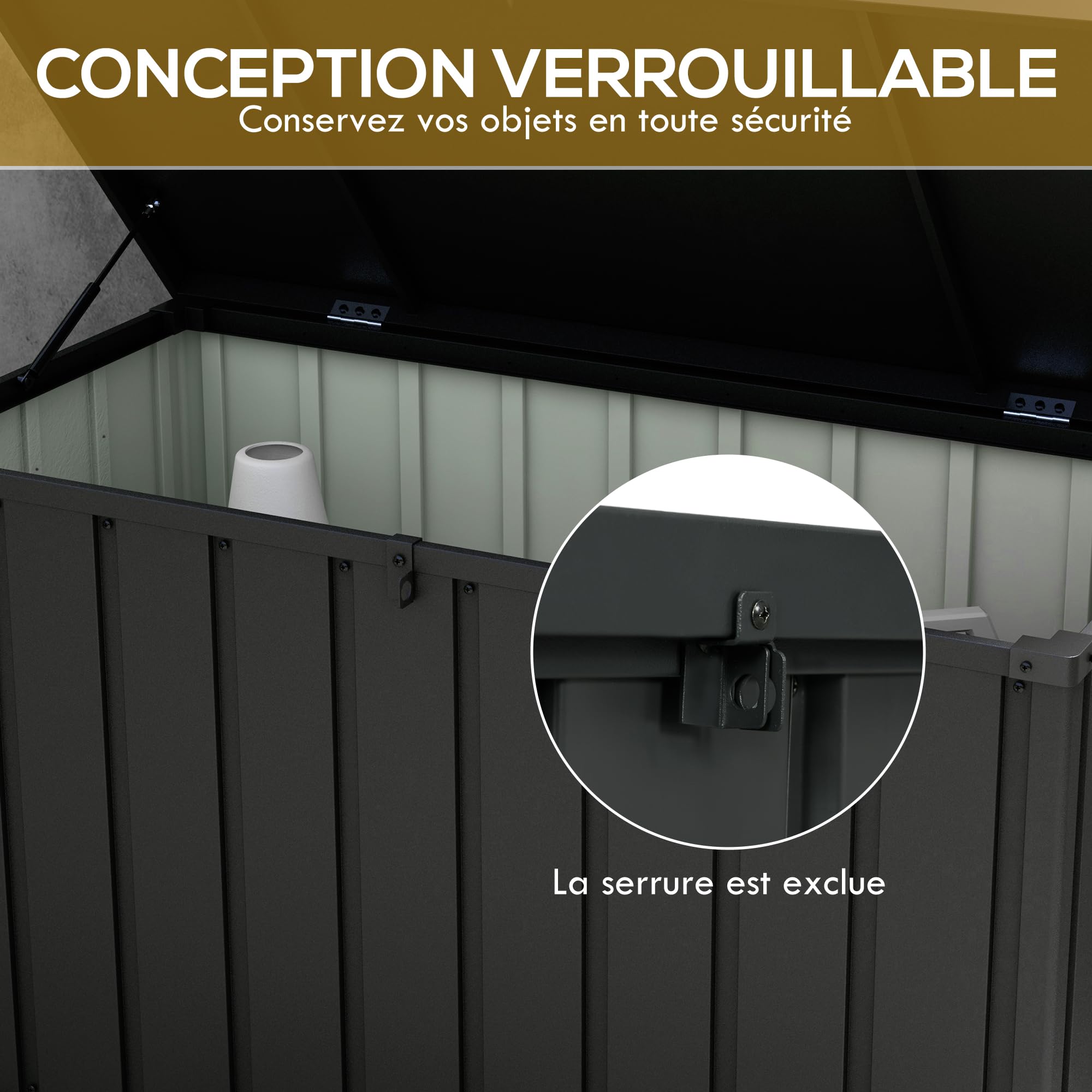 Outsunny Coffre de Rangement 450L Métal 125,5x61,5x70cm Gris Foncé | Malle de Jardin Extérieur, Poignée, Roulettes, Vérin à Gaz