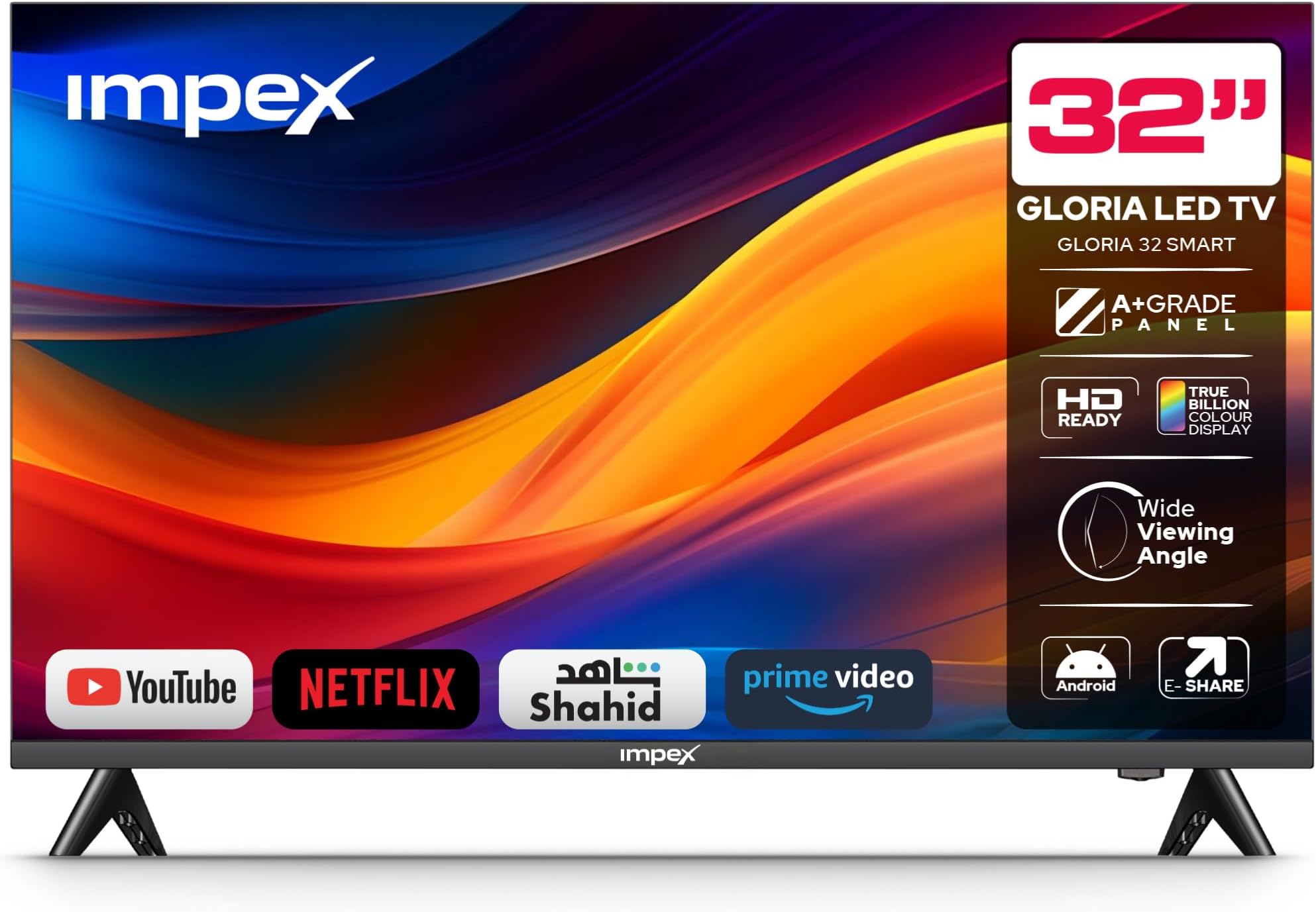 Impex 32 inch Smart Android HD LED TV, Frame Less Design,Mirror Cast And E-Share,HDMIUSB Wi-Fi Input,Netflix,YouTube, Disney+, Apple TV+, Starz Play Arabia,2 Years Warranty, Gloria 32 Smart