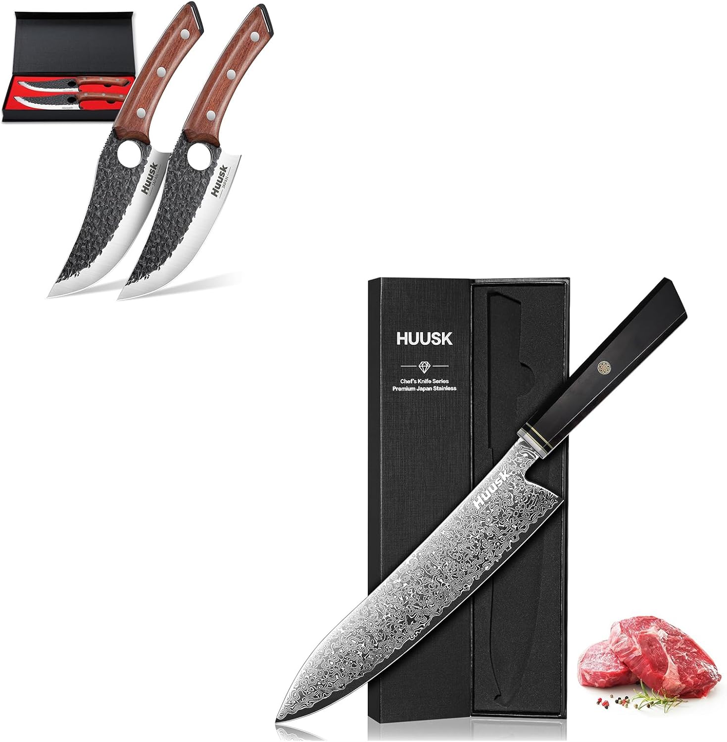 Huusk Damascus Chef Knife Bundle with Viking Knife Set of 2