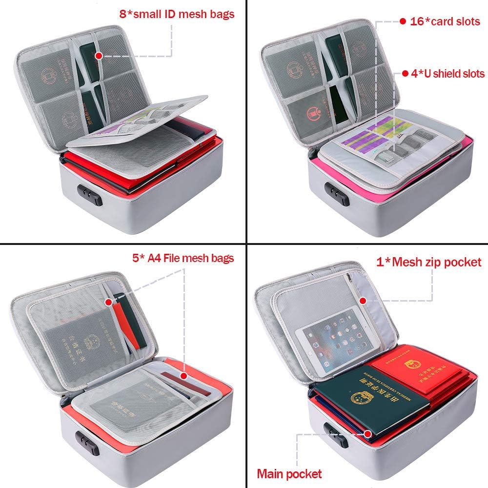 Fireproof Document Organizer Bag with Lock,File Bag for Home Office Travel Safe Bag,Storage Pouch for A4 A5 Files, Cash, Passpot,Tablet,Multi-Layer Portable(Silver)