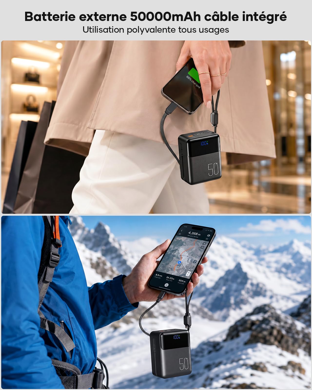 Power Bank de 50000 mAh avec ultra-compact grande capacité:Batterie externe de câble intégré charge rapide de 22,5 W avec grande capacité, chargeur portable avec 4 sorties et 1 entrées. Lecteur MP3 Go