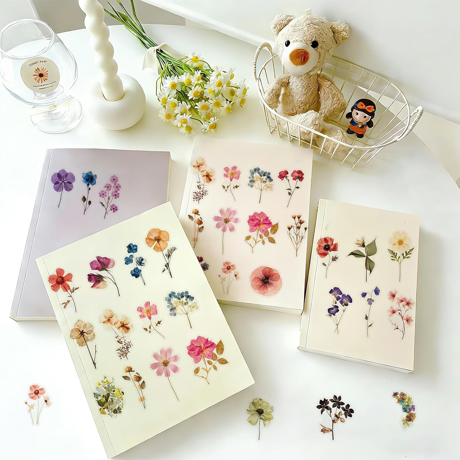 52Pcs Transparent Flora Scrapbook Stickers Pack, Colorful Wildflower Daisy Rose Stickers for Journaling Planner, Waterproof Aesthetic Floral Decals for Water Bottles Laptop (Spring Garden)