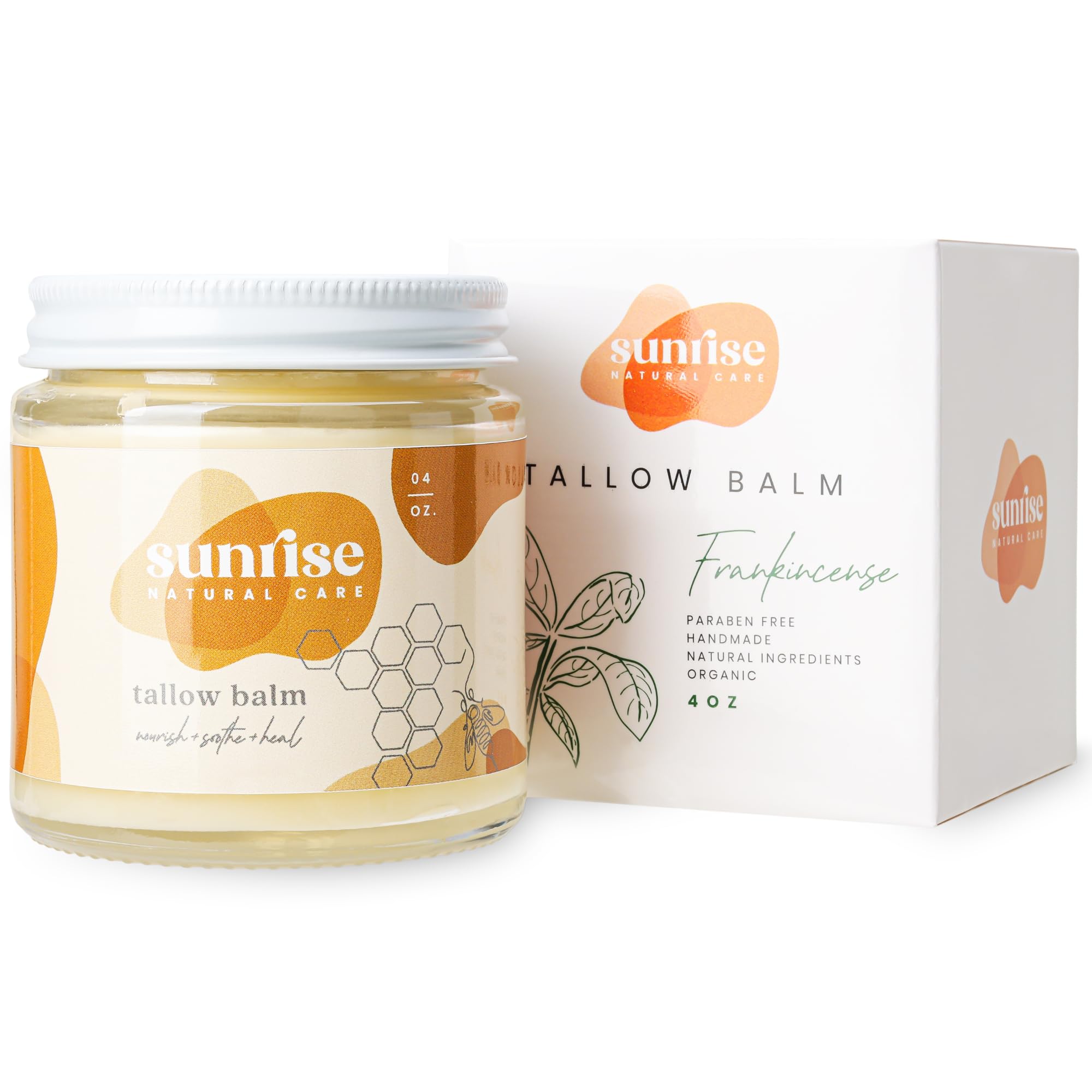Sunrise Natural Care Unwhipped Honey and Tallow Balm - Body and Face Moisturizer - 100% Grass Fed Beef Tallow - 4 ounces - Frankincense