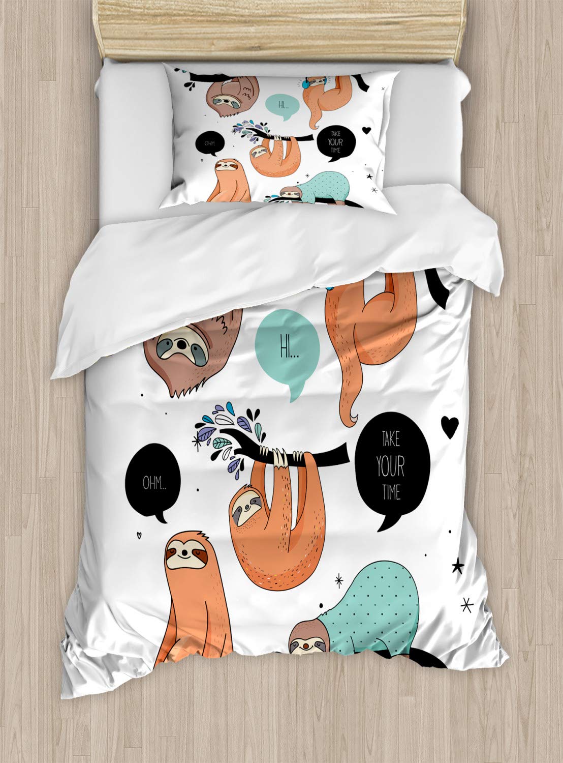 Ambesonne Animal Duvet Cover Set, Cartoon Style Illustration Tribe of Sloths Smiles Sleeping Lazy Does Yoga Words, Decorative 2 Piece Bedding Set with 1 Pillow Sham, Twin Size, Salmon Teal