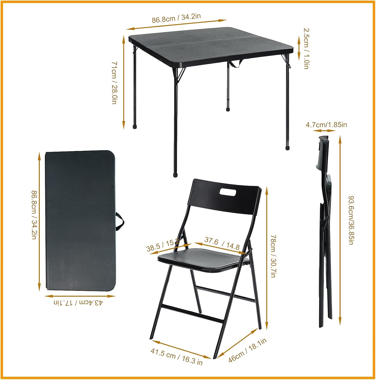 Spaco Folding Table Set,Folding Dining Table and Chairs Set for 4,Protable 35'' Square Card Table with 4 Folding Chairs for Indoor Outdoor Camping Picnic Games, Black