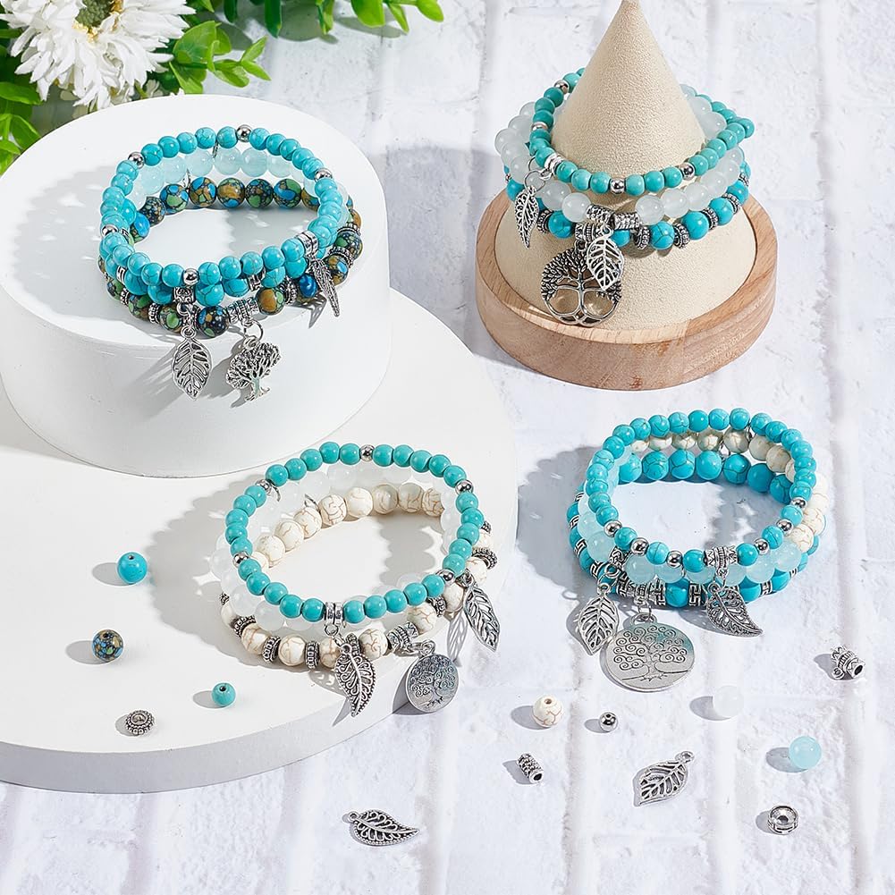 SUNNYCLUE 1 Box 4 Sets Multi Layer Bracelet Making Kit Bohemian Wrap Bracelet Tree of Life Charms Leaf Charm Lucky Turquoise Bead Stone Beads for Jewelry Making Kits DIY Women Adults Supplies
