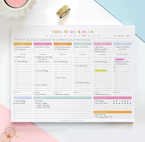 ThreeKin Weekly Planner - Premium 52-Sheet Tear-Off Notepad, 8.5 x