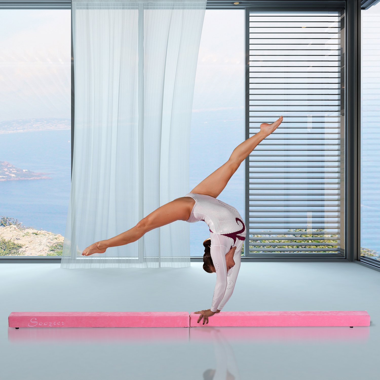 HOMCOM Trave da Ginnastica Equilibrio Allenamento Pieghevole Casa Legno 210 × 10 × 6.5cm Rosa