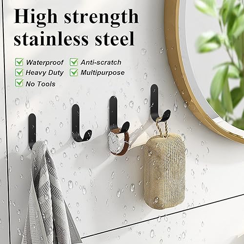Miniatura 2 de Ganchos adhesivos para toallas, 20 ganchos de pared autoadhesivos de acero inoxidable, gancho de ducha negro resistente, impermeable, a prueba de
