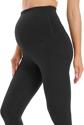 Miniatura 4 de Foucome Leggings de maternidad con forro polar para mujer con bolsillos sobre el vientre, pantalones de yoga cálidos para entrenamiento de invierno