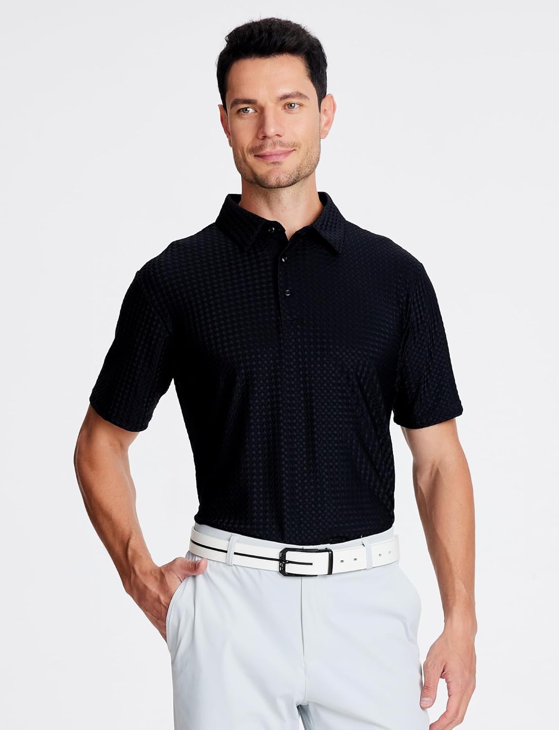 Alex Vando Mens Bubble Jacquard Polo Shirt Super Stretch Short Sleeve Polo Shirts for Men - Image 2