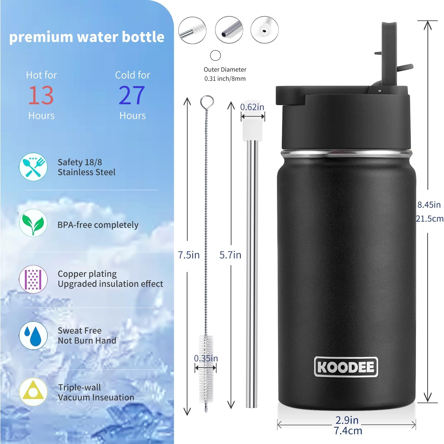 koodee Small Water Bottle 2 Pack-12 oz Stainless Steel Double Wall Vacuum Insulated Wide Mouth Water Bottle BPA Free(Purple-Black) - Image 6