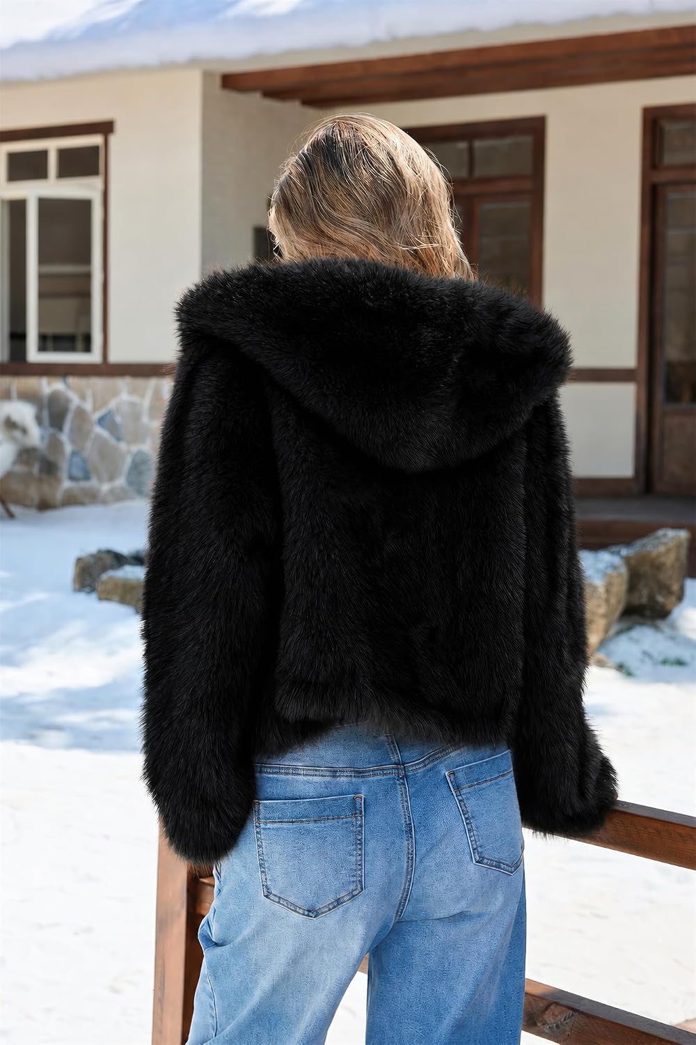 Womens Cropped Faux Fur Coat with Hood Open Front Fluffy Coats