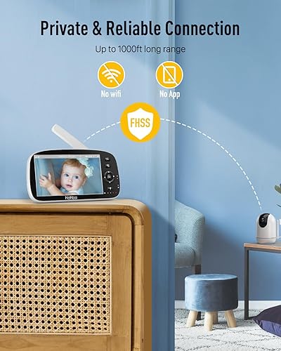 Miniatura 7 de Monitor de bebé, pantalla dividida HD 720P de 5 pulgadas, monitor de bebé de 30 horas de duración de la batería con cámara y audio, PTZ remoto,
