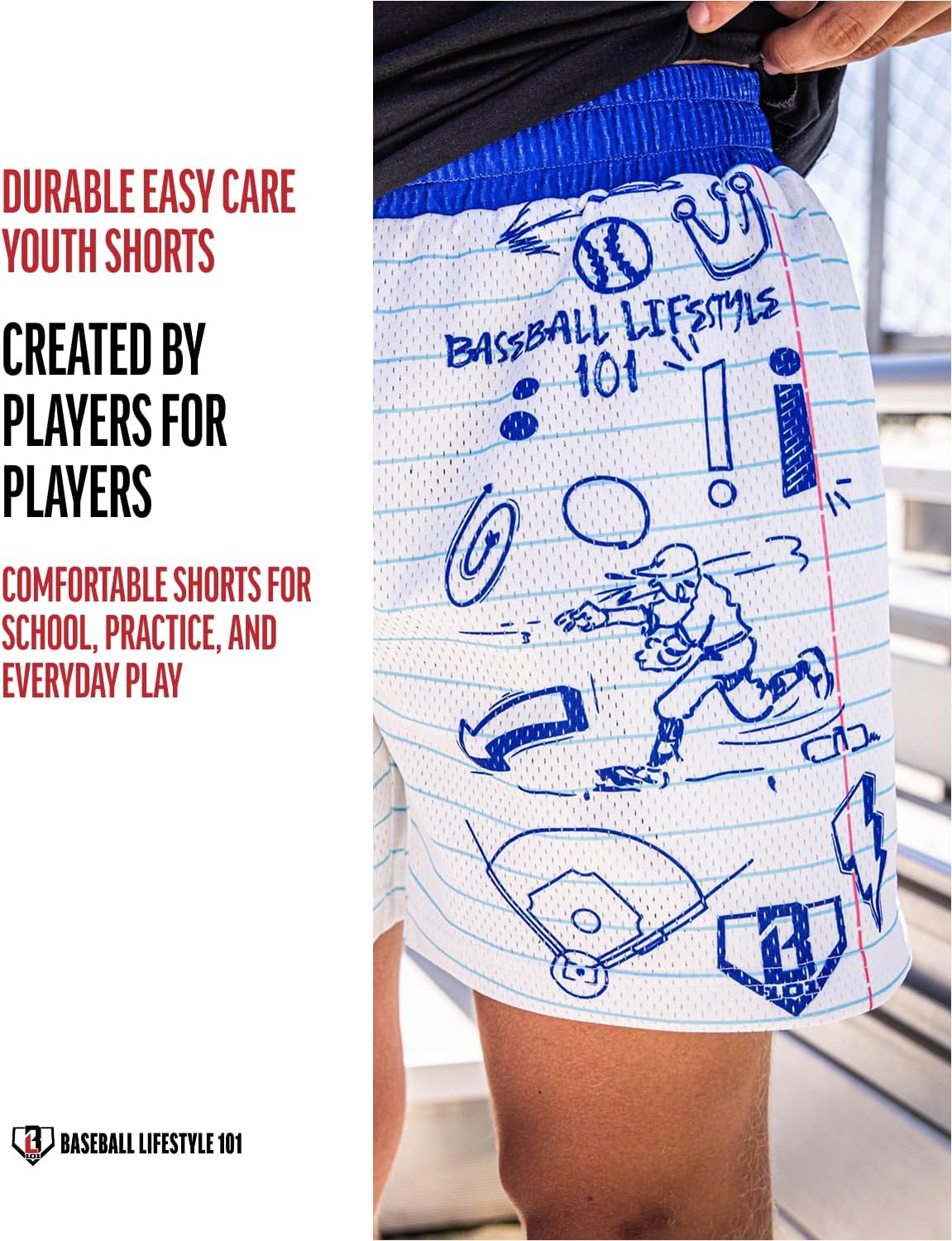 Baseball Lifestyle 101 Boy's Doodle Mesh Shorts with Side Pockets Elastic Waist, 5 inch Inseam, Youth Sizes S-XL - Image 5