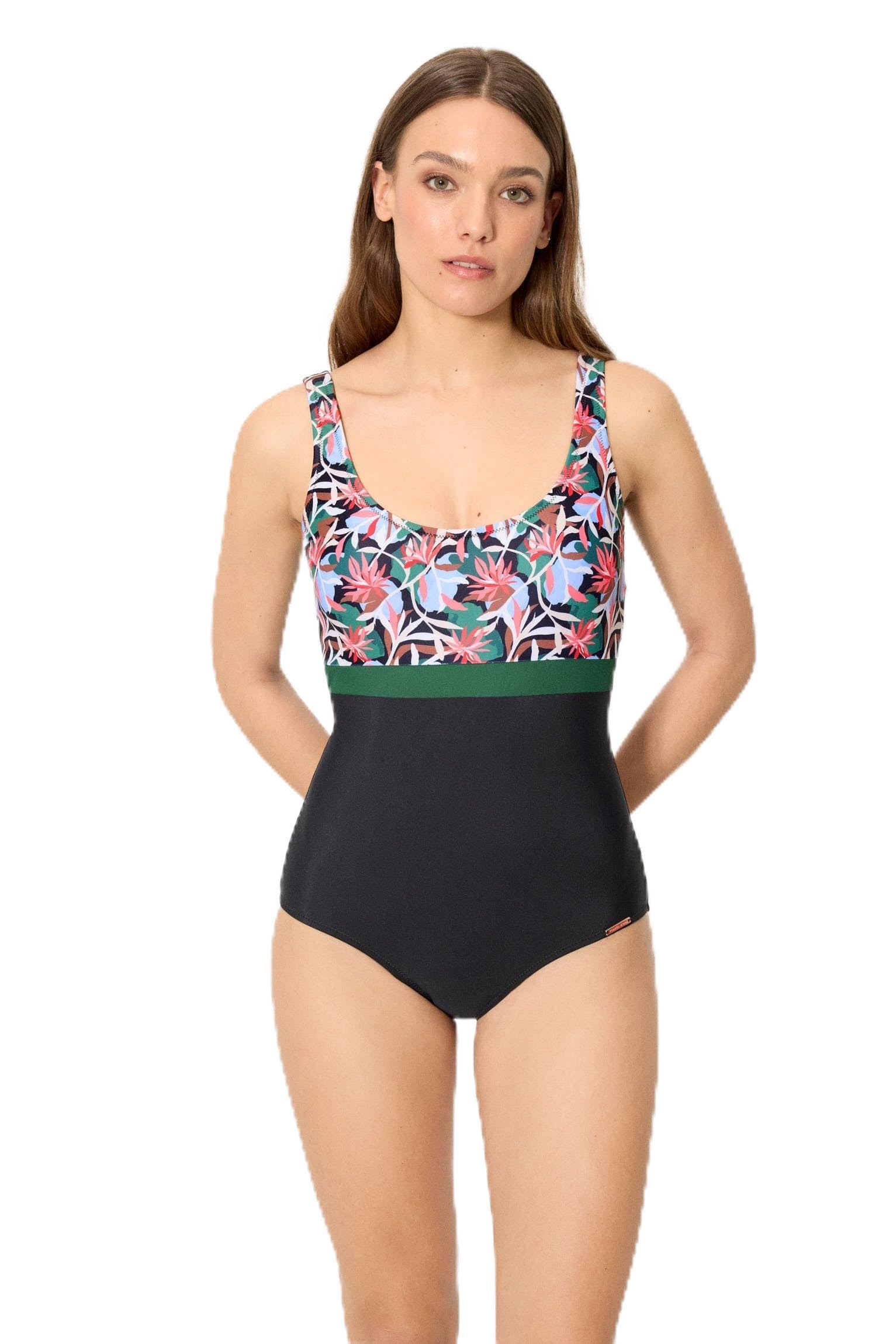 YSABEL MORA Bañador Reductor Negro con Estampado Tropical Copa B. Compresión Media en Abdomen. Parte Superior sin aro y con Relleno. Colección Island.