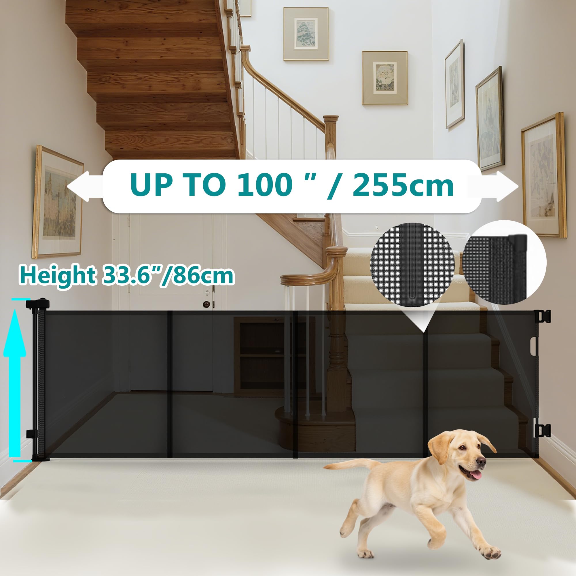 Cancelletto retrattile per bambini, cancello in rete o rete per cani, altezza 86,4 cm, si estende fino a 254 cm di larghezza, cancello di sicurezza per bambini, per porte, scale, corridoi