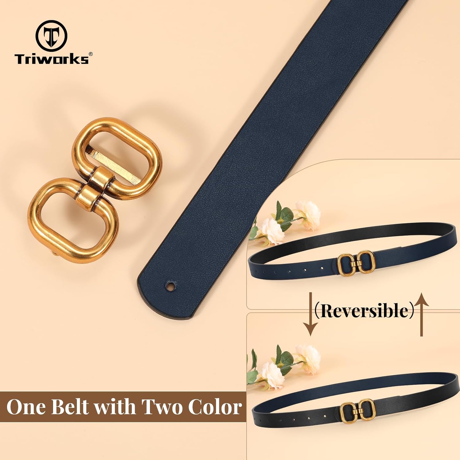 TRIWORKS Reversible Leather Belt for Women with Gold Buckle Ladies Leather Belt for Jeans Pants - Image 2