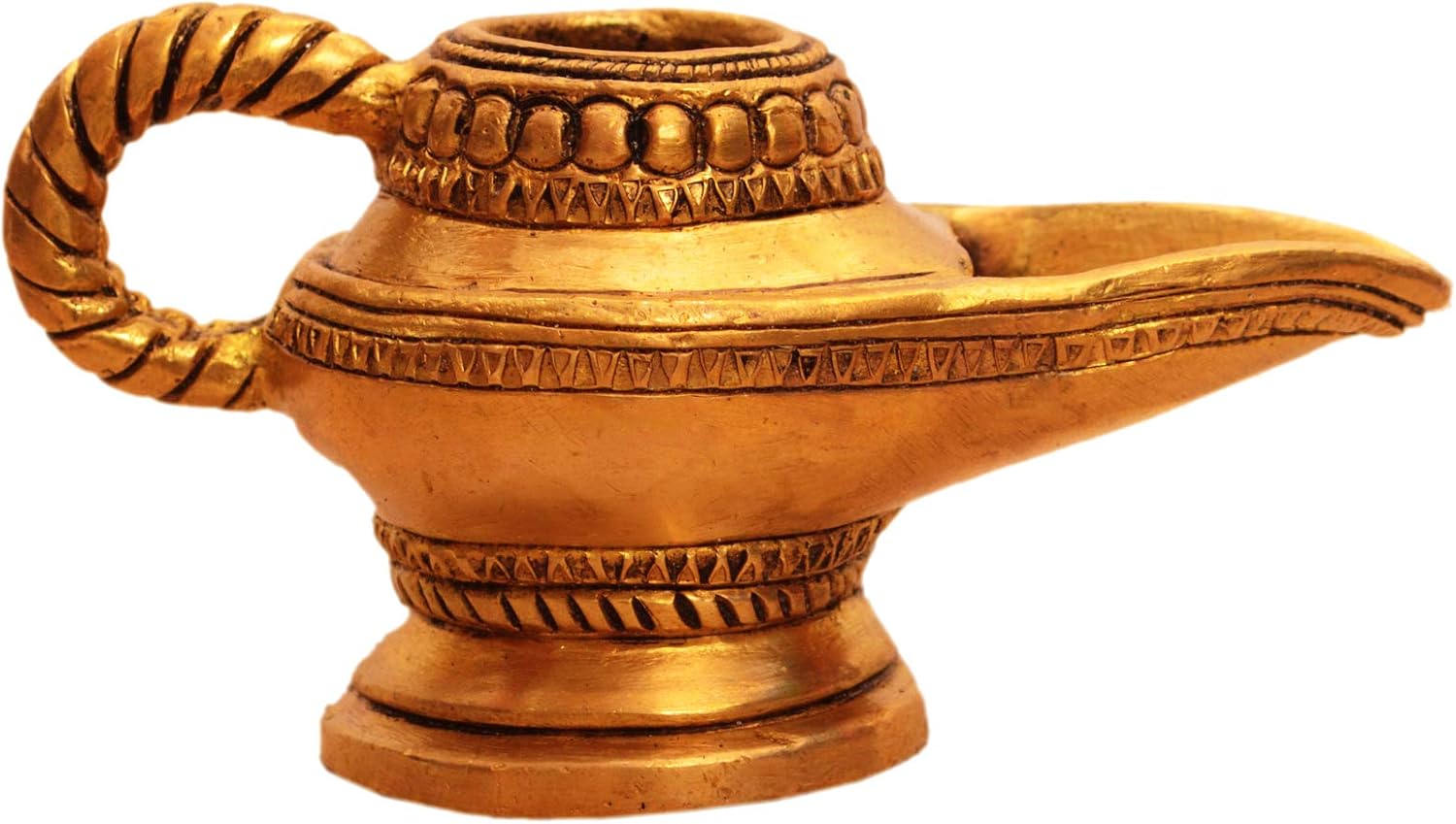 Purpledip Brass Lamp Anajli Holder: Magic Lamp Or Aladin's Chirag Shape Charan Amrit Vessel for Home Temple (10913)