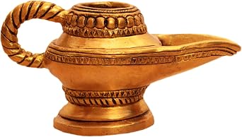 Purpledip Brass Lamp Anajli Holder Magic Lamp Or Aladins Chirag Shape Charan Amrit Vessel for Home Temple 10913