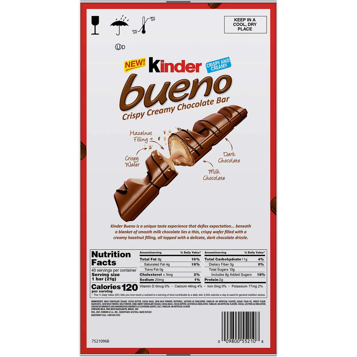 Kinder Bueno Crispy Creamy Wafer Milk Chocolate Candy Bars, 1.5 oz, 20 ct