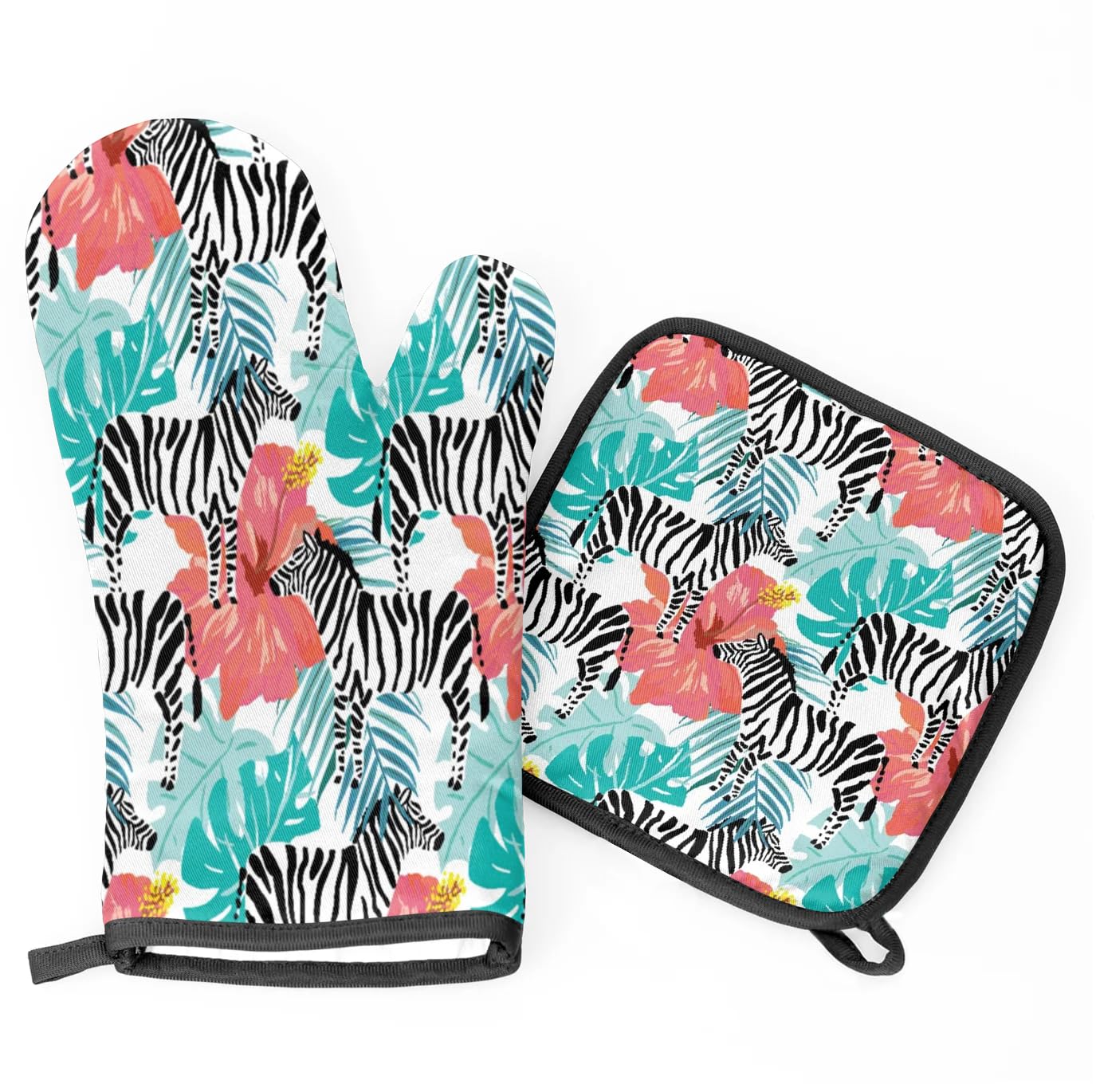 Tropical Zebra Flowers Oven Mitts Heat Resistant Oven Mitts and Pot Holder Insulated Non Slip Oven Glove 2 Piece for Cooking Baking Grill