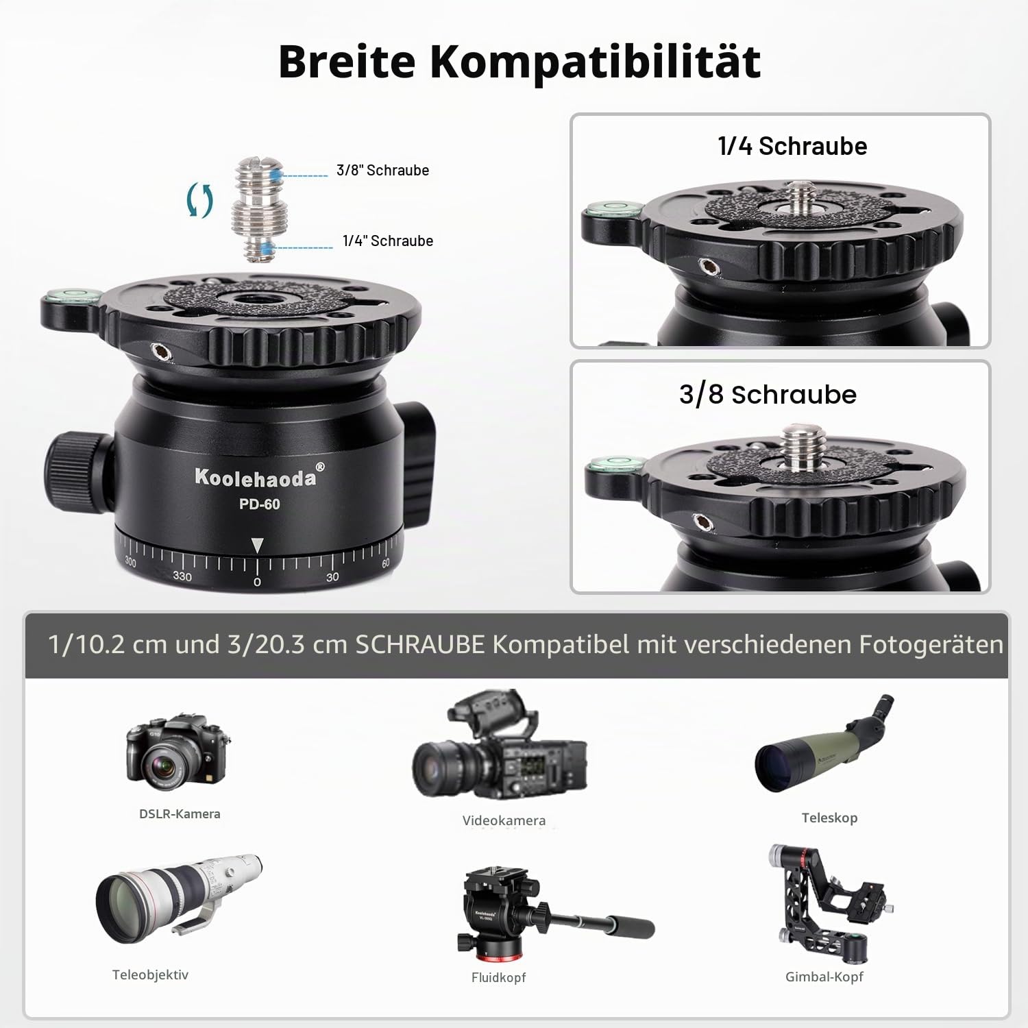 Koolehaoda PD-60 Stativ Nivellierbasis Leveling Base mit 3/8" Gewinde und 360° Panorama-Basis, +/- 15 Grad Präzisionseinstellung für Videokopf, Stative und Einbeinstativ