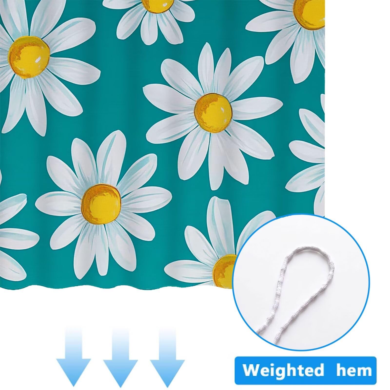 Rideau Douche Fleur Rideau de Douche Anti Moisissure Imperméable Tissu Polyester Shower Curtain avec Ourlet Inférieur Lesté, 12 Crochets Lavable Shower Curtain pour Décor 240 x 180 cm Turquoise 3Y#211