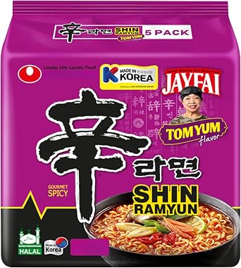 Nong shim Shin Ramyun Korean Tom Yum Noodles Pack of 5 123g Each - Hot & Sour Instant Ramen Soup for Quick Meals & Noodles