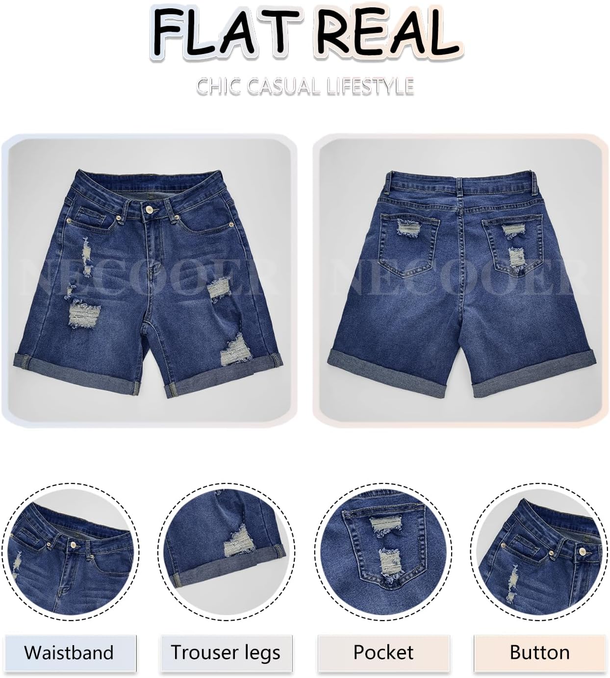 Necooer Women Jean Shorts Ripped Casual Summer Fashion Stretchy Classic Folded Hem Denim Shorts - Image 4