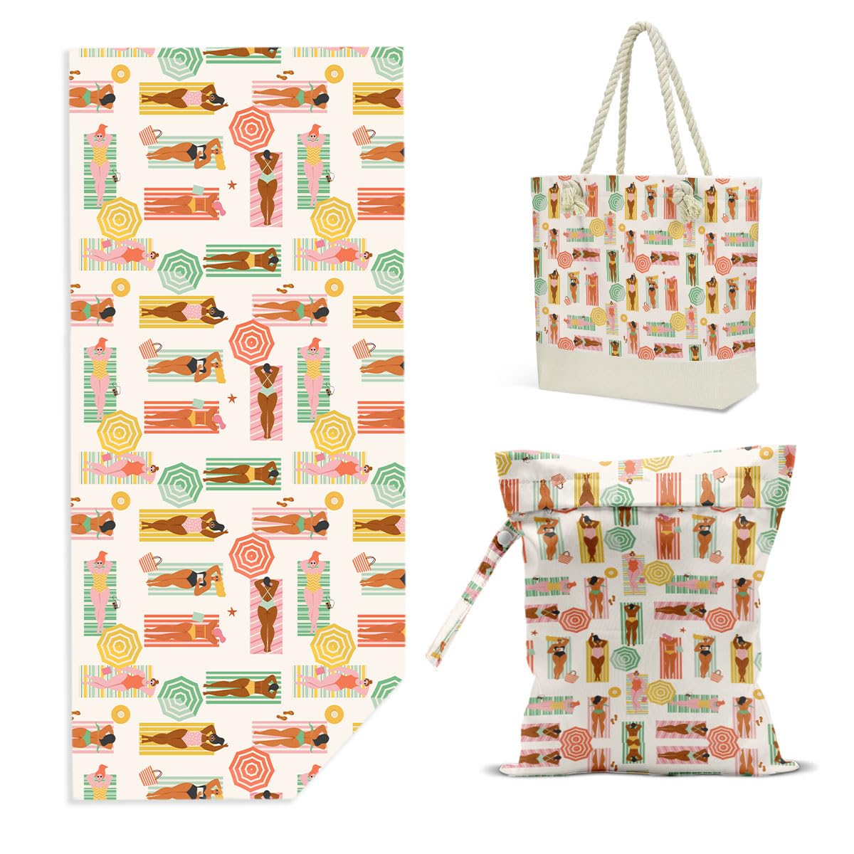 Beach Bags for Women, Beach Towel, Wet Bag Cosmetic Bag, Pool Waterproof Shoulder Tote Bags, Pocket Zipper Summer Travel Essentials, Gifts for Women Birthday Lightweight for Travel 3-Piece Set