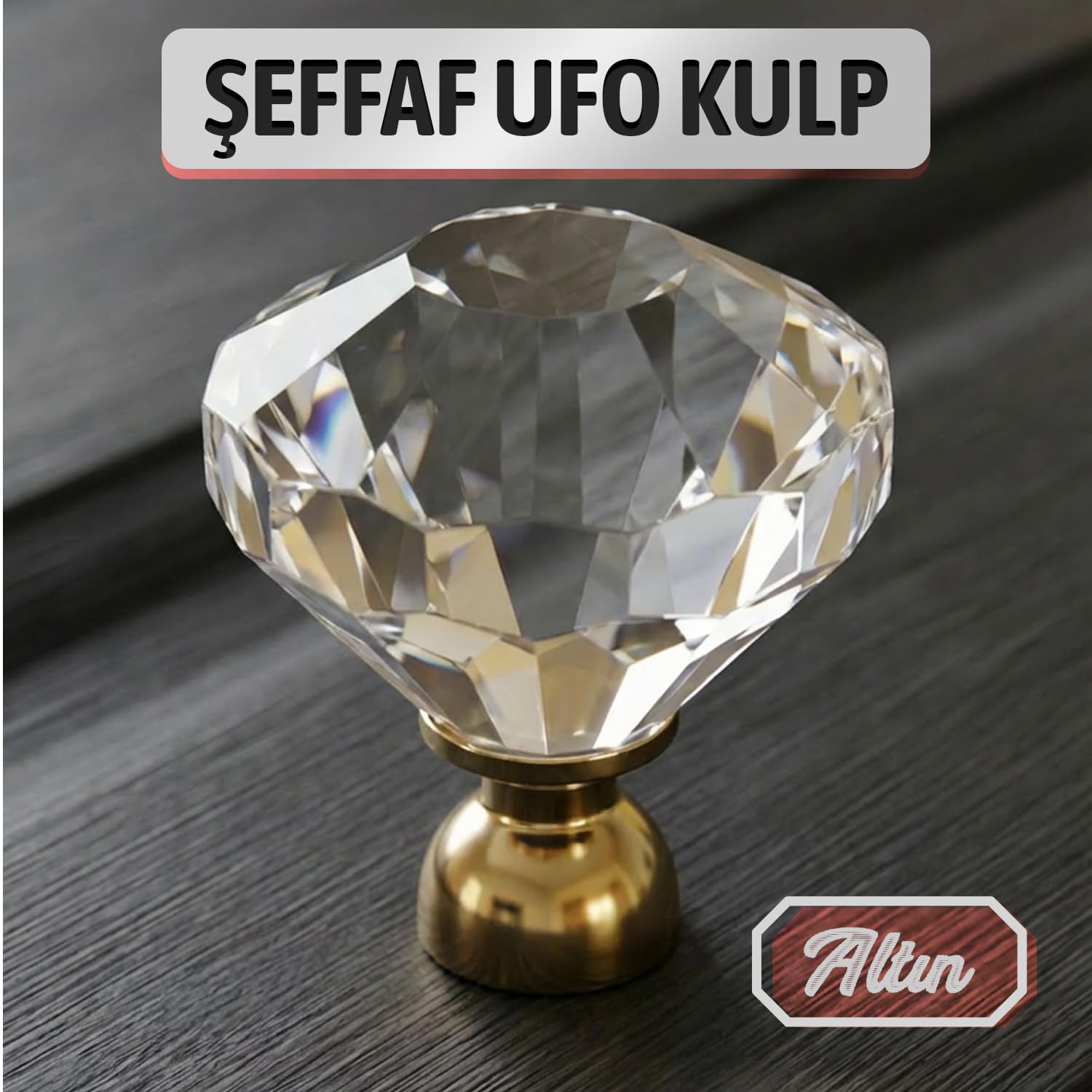 Şeffaf Kristal Görünümlü Altın Saplı Ufo Düğme Mobilya Dolap Çekmeceler İçin Şeffaf Düğme Kulp
