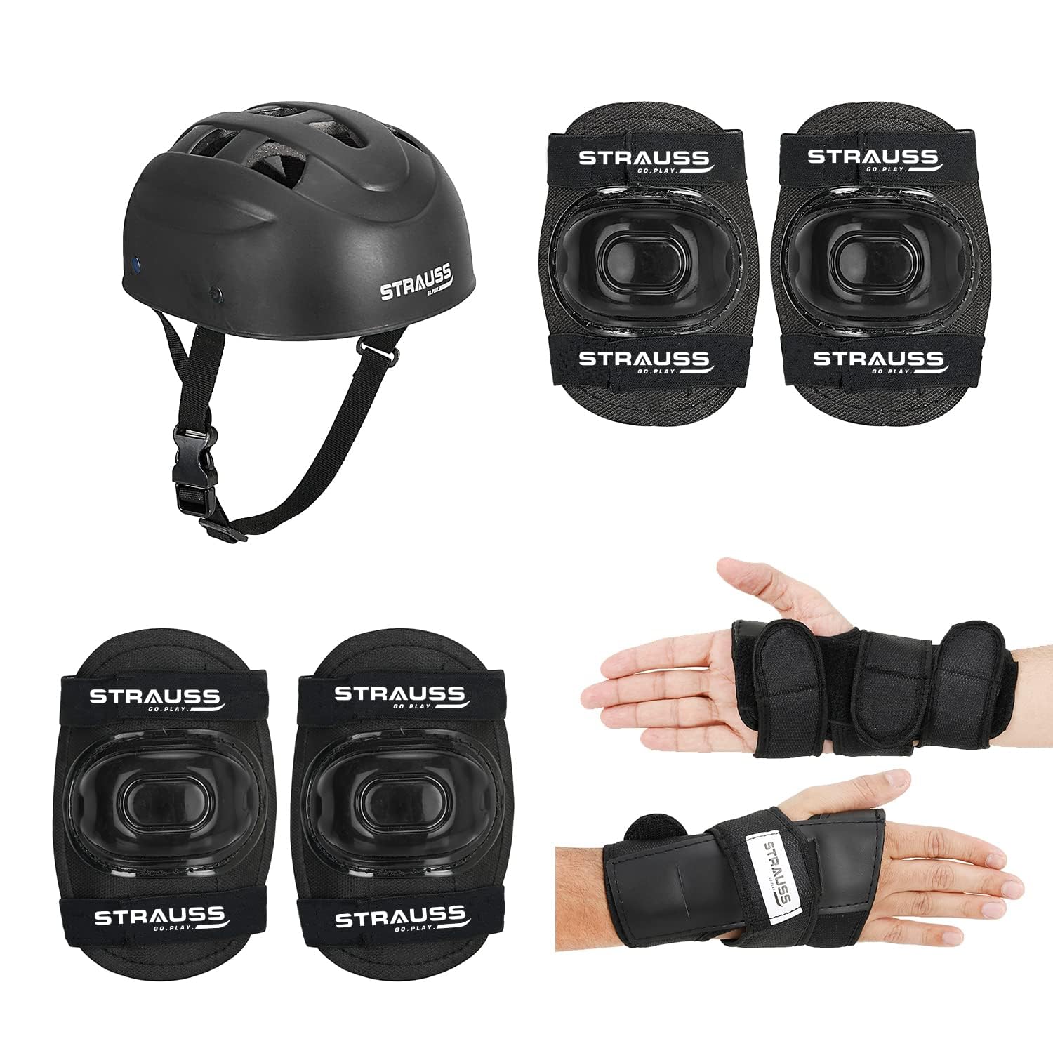 Strauss Professional All-in-One 4 Piece Protective Set for Roller Skating, Skateboarding, Inline Skating, Cycling & Running for Boys & Girls, Size Senior, (Black) (B0CP2H769L) Amazon Price History, Amazon Price Tracker