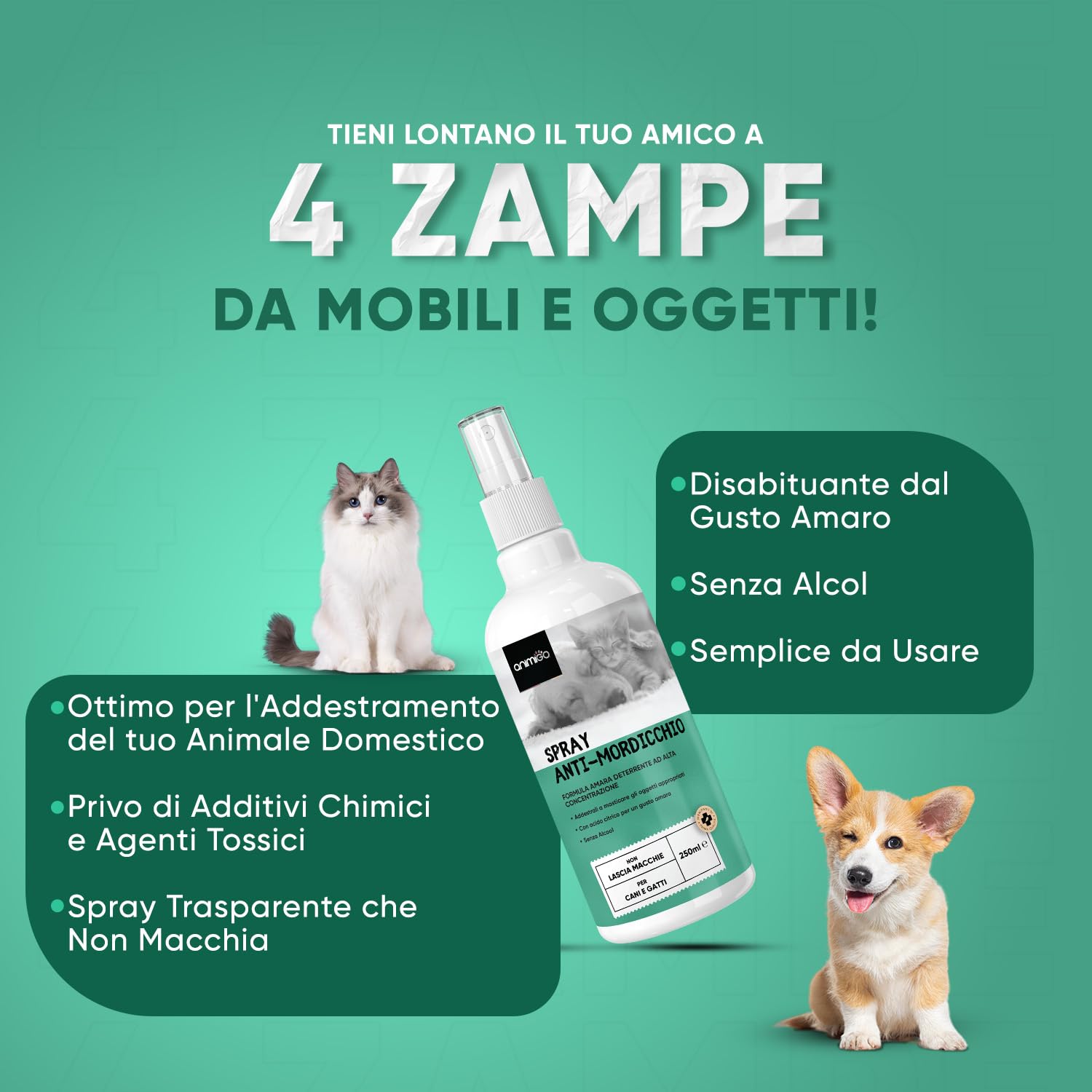Spray Repellente per Gatti e Cani 250ml, Sapore Amaro, Dissuasore per Gatti e Cani, Spray Anti Graffi Gatto e Cane con Ingredienti Naturali, Disabituante Gatti, Spray Repellente Per Cani Senza Alcool