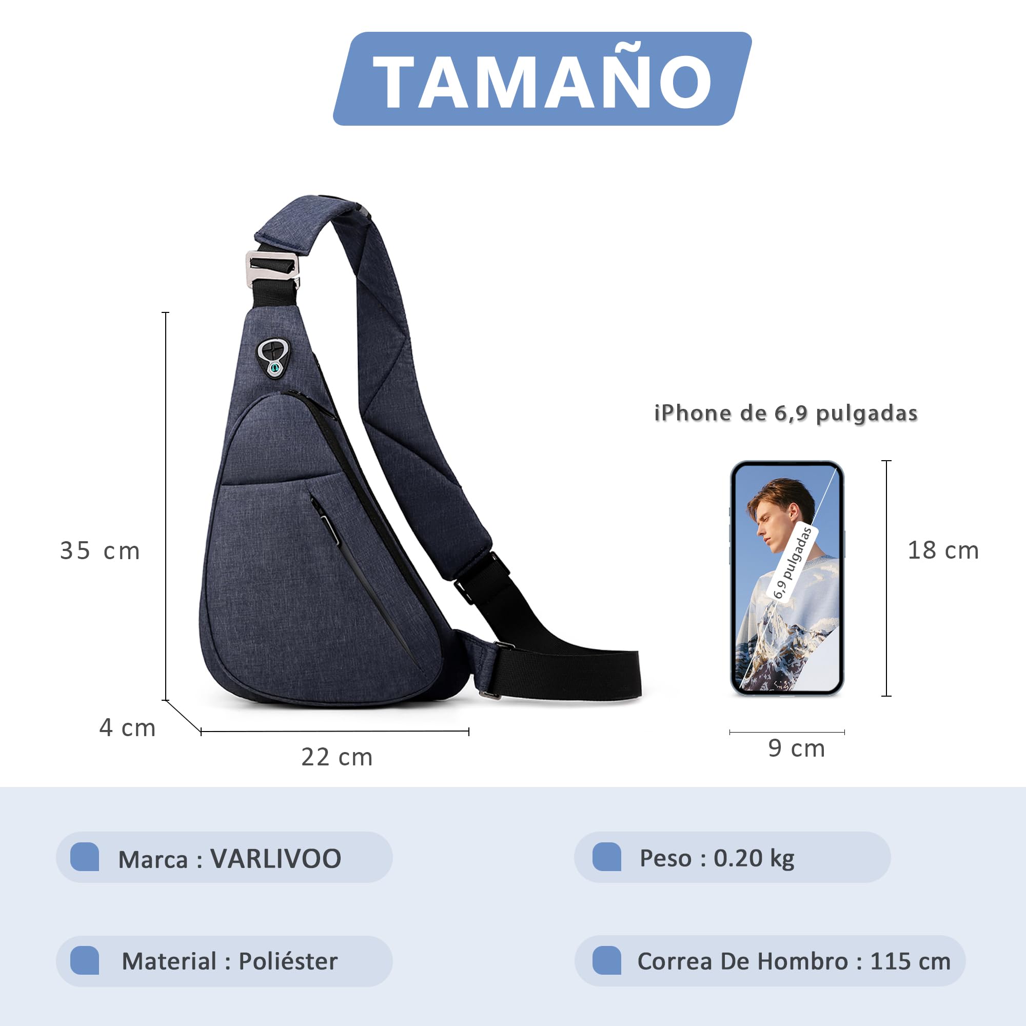 VARLIVOO Bandoleras Hombre, Bolso de Hombro Antirrobo Pequeña Bolso de Pecho Impermeable para Trabajo y Viaje Deporte Unversidad Azul B