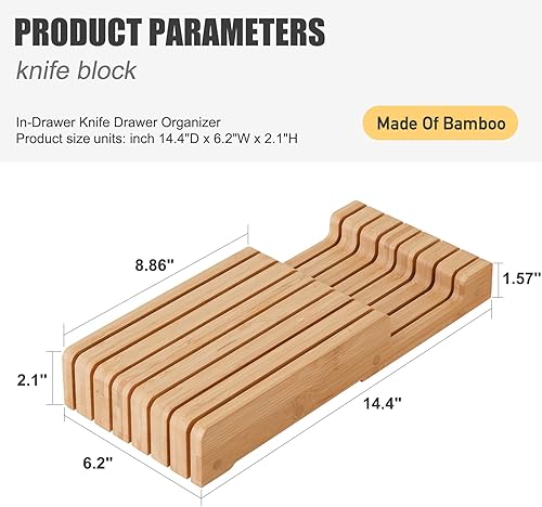 Miniatura 2 de Bloque de cuchillos de bambú y almacenamiento en el cajón, soporte de exhibición y organizador, organizador de cajones de cuchillos en el cajón con