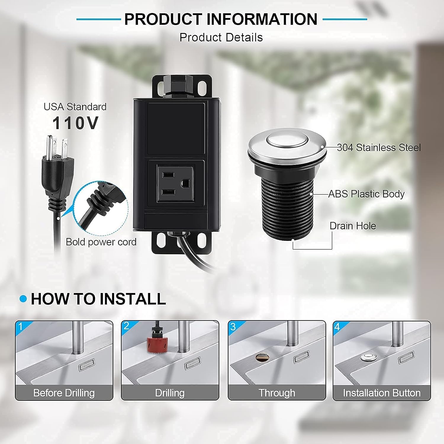 HK Bundle - 2 Items Garbage Disposal Air Switch Kit with Power Cord Kit, Sink Top Waste Disposer Stainless Steel On/Off Push 2.5" Button with Aluminum Alloy Power Module, Food Waste Disposals Replacem