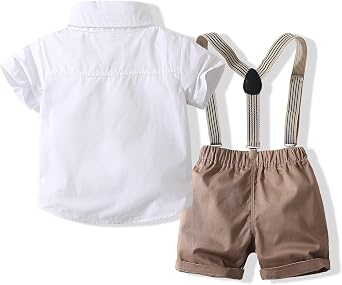 Baby Boys Gentleman Outfits Suits, Infant Short Sleeve Shirt+Bib Pants+Bow Tie Clothes Set (Brown, 4T)