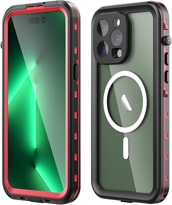 for iPhone 14 Pro Max Case Waterproof, IP68 Waterproof with Built-in Screen Protector Full Body Rugged Heavy Phone Case for iPhone 14 Pro Max 6.7 inch Red+Clear