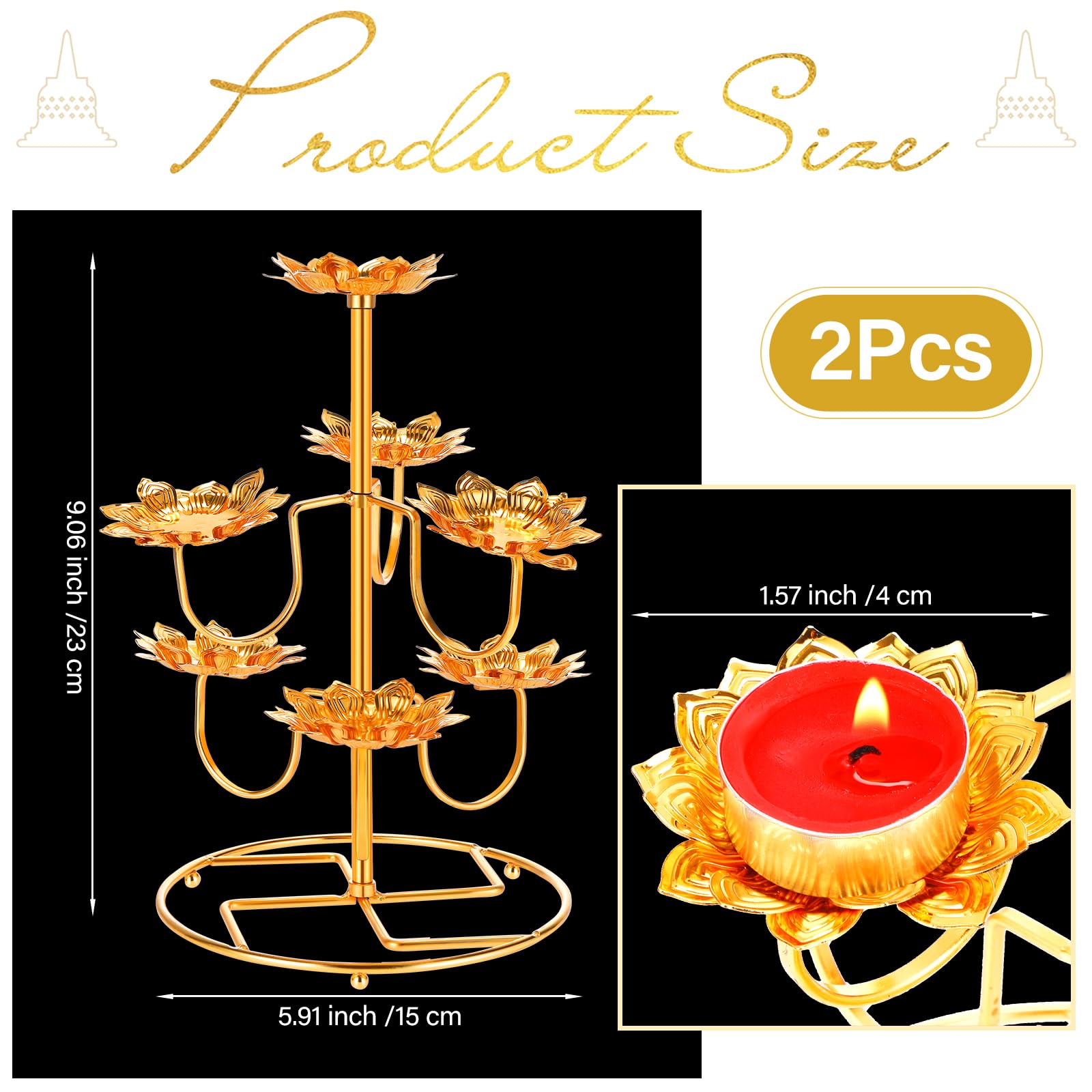 Nuogo 2 Pcs Lotus Flower Candle Holder Buddha Yoga Candle Holder Buddha Decor 3 Tier Tea Light Candle Holder Temple Wrought Candlestick Holders Tealight Candle Stand Buddhism Home Ornament Decor, Gold
